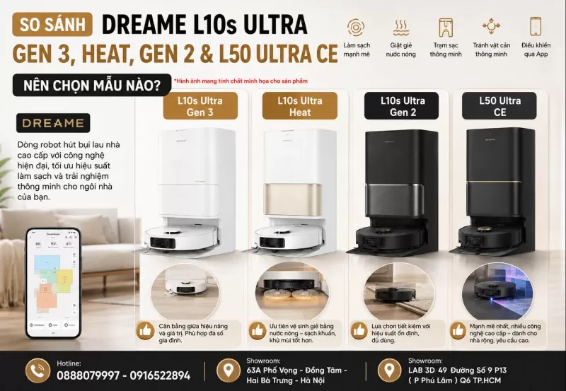 So sánh Dreame L10s Ultra Gen 3, L10s Ultra Heat, L10s Ultra Gen 2 và L50 Ultra CE – Nên chọn mẫu nào?