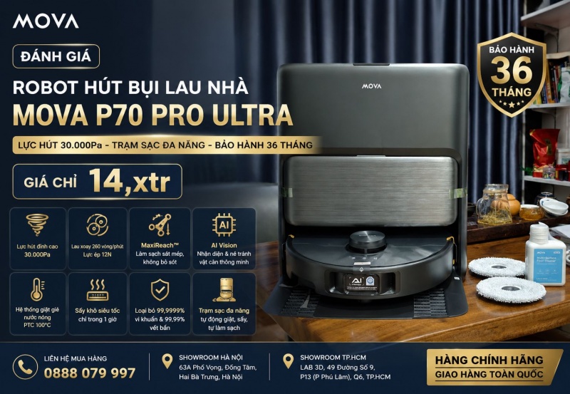 Đánh Giá Robot Hút Bụi Lau Nhà MOVA P70 Pro Ultra – Lực Hút 30.000Pa, Trạm Sạc Đa Năng, Bảo Hành 36 Tháng Giá Chỉ 14,xtr