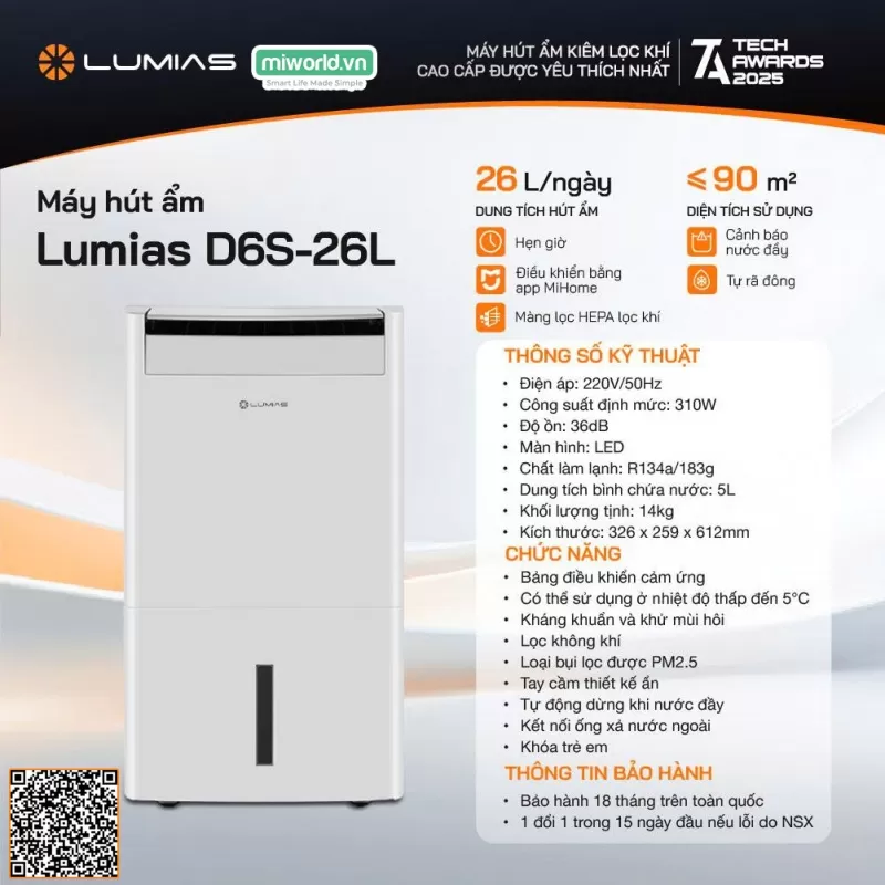 Máy Hút Ẩm 26L Lumias D6S- 26L - 90m²